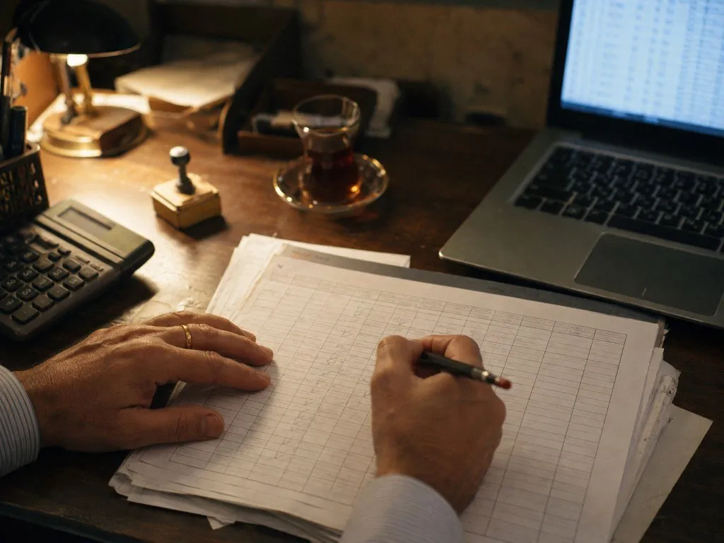An accounting work session with documents and a laptop